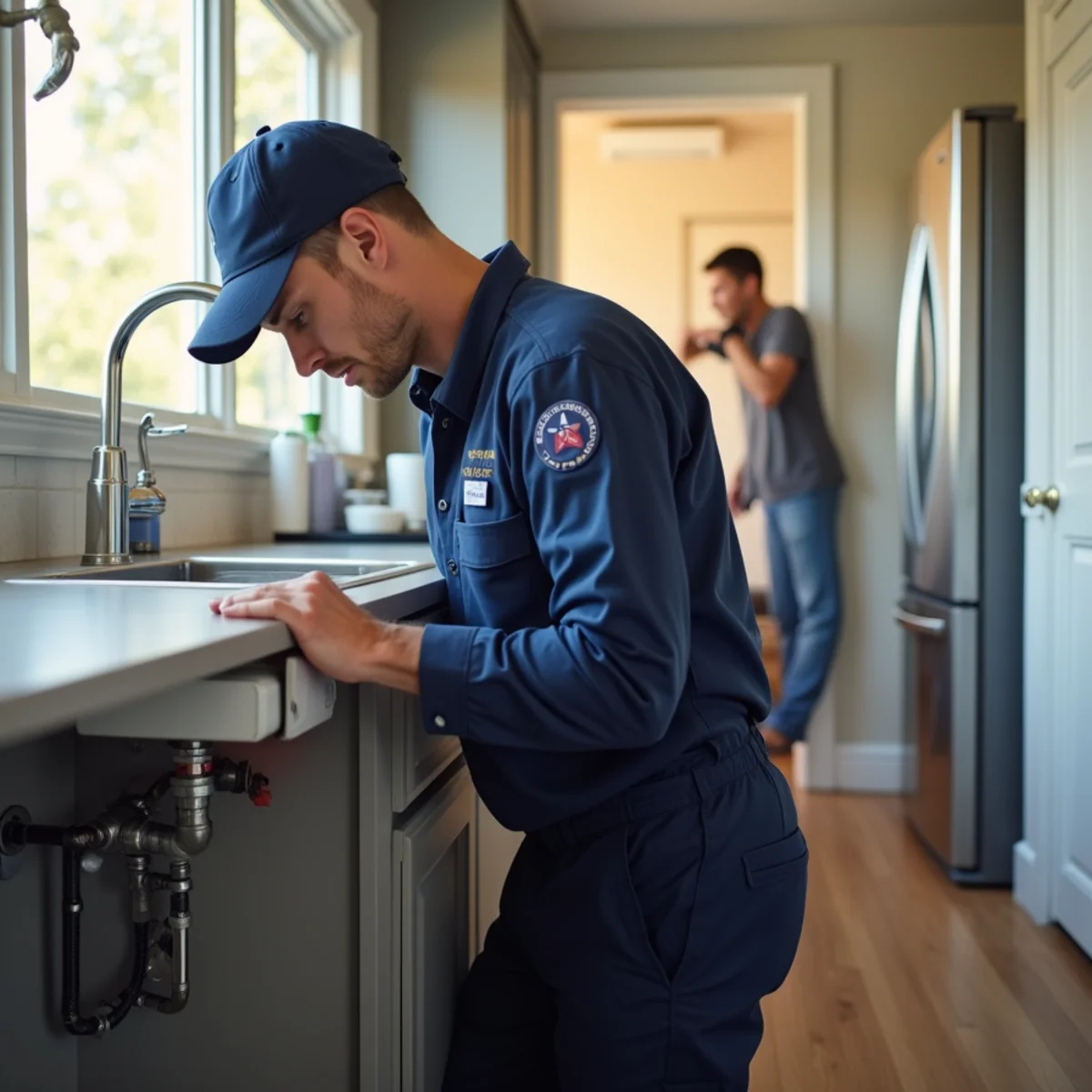 Plumber inspecting residential plumbing under a Sacramento kitchen sink