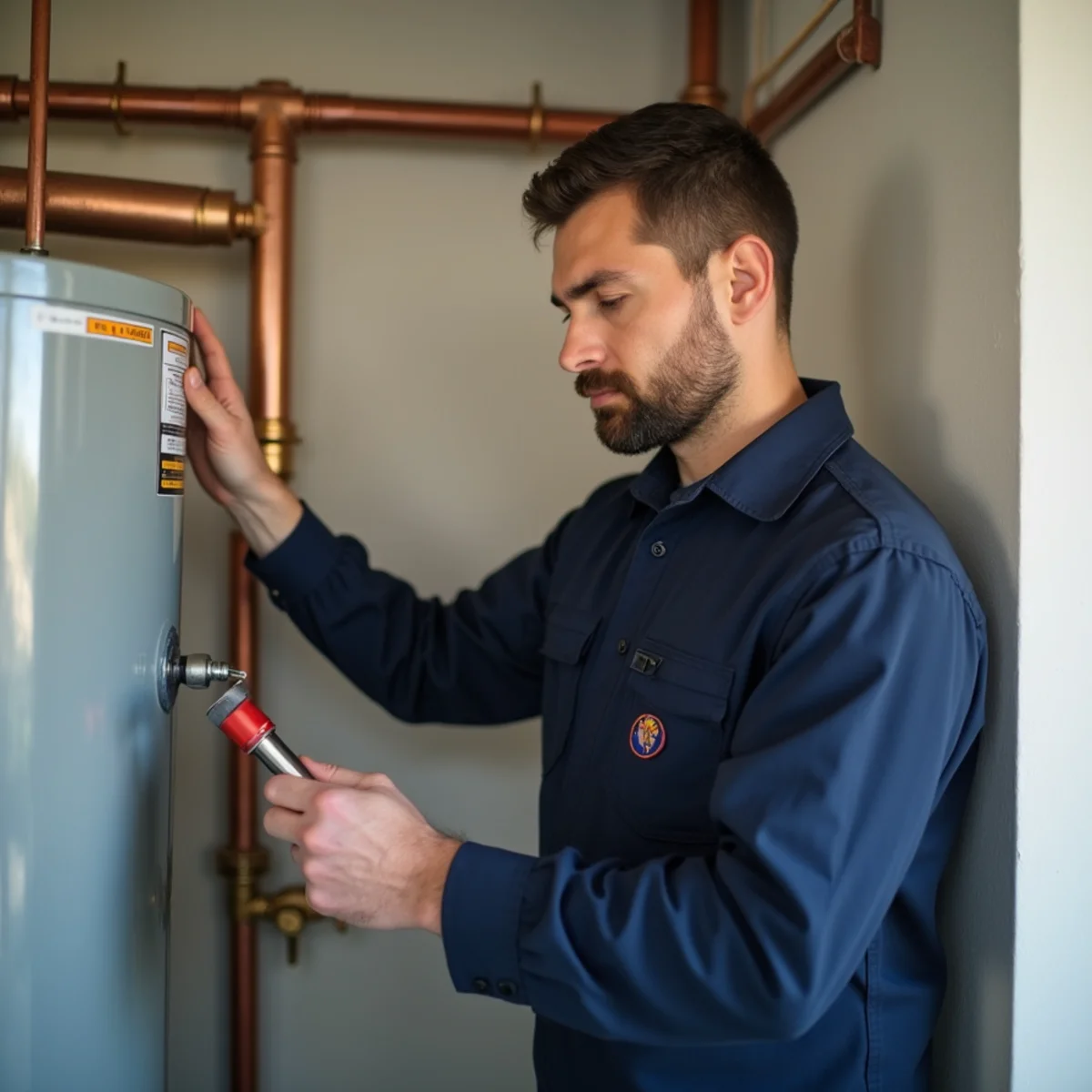 Plumber inspecting a residential water heater